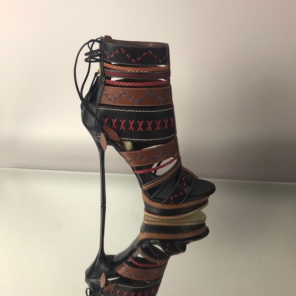 DSQUARED2 Leather Laces Strappy Embroidered Heels - Picture 2 of 11
